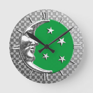 Reloj Redondo Mediano Luna y estrellas Art Deco, verde jade y plateado