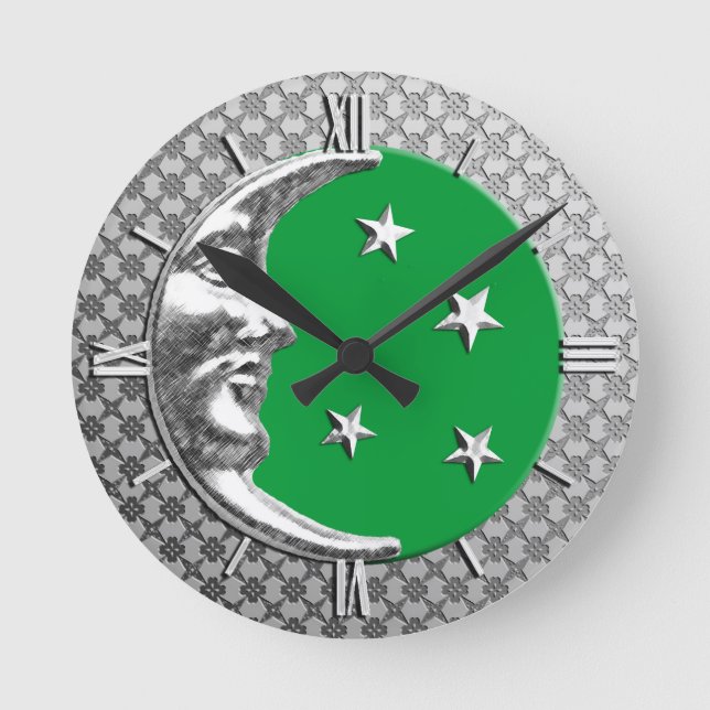 Reloj Redondo Mediano Luna y estrellas Art Deco, verde jade y plateado (Anverso)