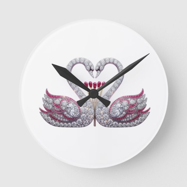 Reloj Redondo Mediano Luxury 3D Diamond Swans Heart - Elegant Wall Clock (Anverso)