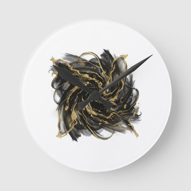 Reloj Redondo Mediano Luxury Gold and Black Abstract Marble Ink Flow (Anverso)