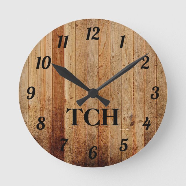 Reloj Redondo Mediano Madera con monograma Rústico País Marrón Negro (Anverso)