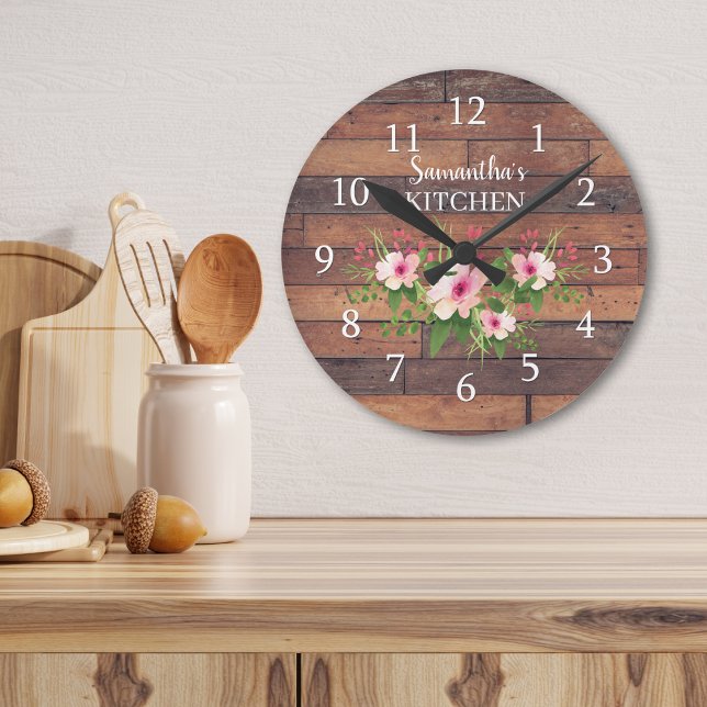 Reloj Redondo Mediano Madera De Pallet Personalizada Y Cocina Floral Ros (Personalized Pallet Wood And Pink Floral Kitchen Round Clock)