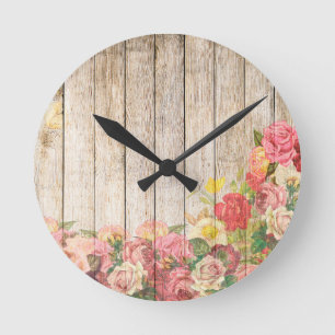 Reloj Redondo Mediano Madera de Rosas Rústicos Vintage