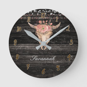 Reloj Redondo Mediano Madera Rústica Cráneo de Vaca con Cuernos Florales