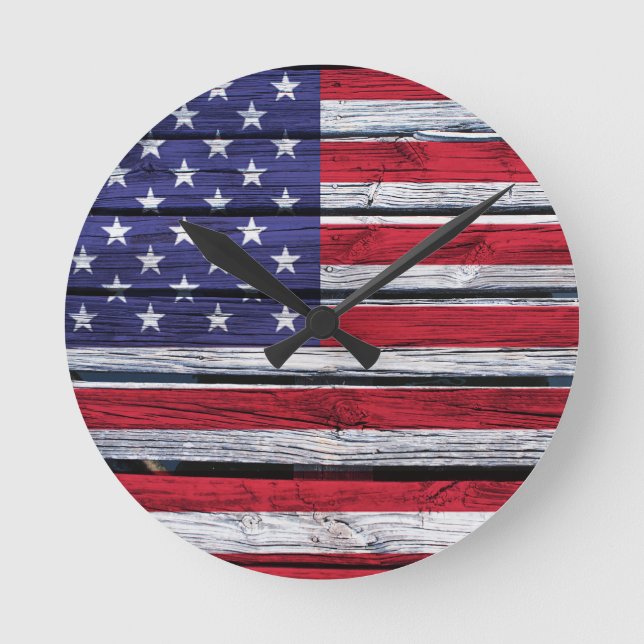 Reloj Redondo Mediano Madera rústica de la bandera americana (Anverso)