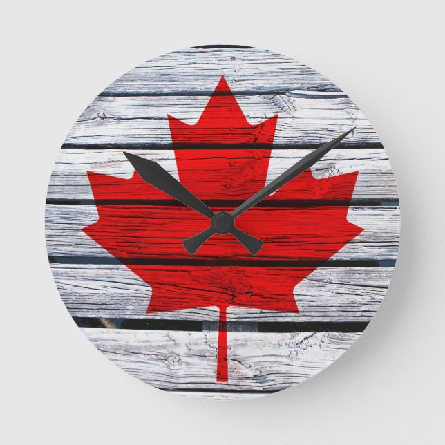 Reloj Redondo Mediano Madera rústica de la bandera canadiense (Anverso)