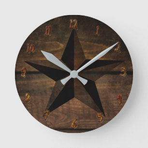 Reloj Redondo Mediano Madera Rústica Estrella Occidental de Madera Oxida