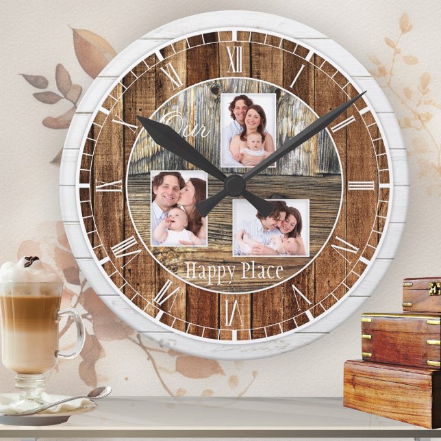 Reloj Redondo Mediano Madera Rustica Moderna 3 Fotos (Rustic classic wall clock featuring printed wood panels with your own custom photos)