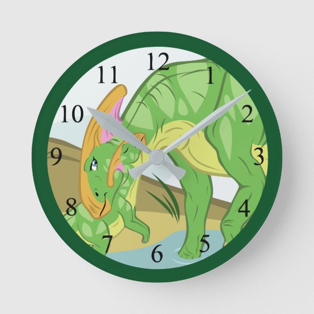 Reloj Redondo Mediano Madre y bebé de Parasaurolophus (Anverso)