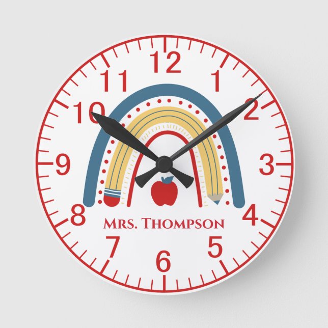 Reloj Redondo Mediano Maestra personalizada en el arcoiris de Apple (Anverso)