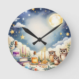 Reloj Redondo Mediano Magnífica Noche Cielo Lechuza Estrellas Acuarela P