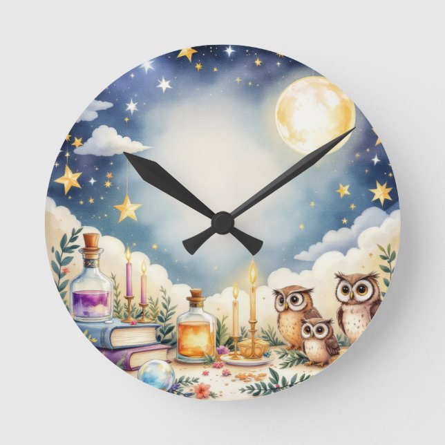 Reloj Redondo Mediano Magnífica Noche Cielo Lechuza Estrellas Acuarela P (Anverso)