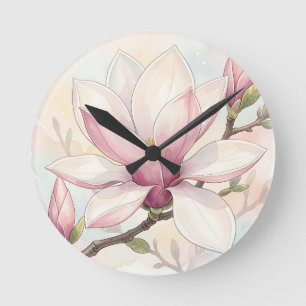 Reloj Redondo Mediano Magnolia Rosa Delicada Floración Acuarela