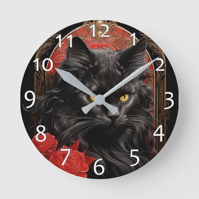 Reloj Redondo Mediano Maine Coon cat con flores (Anverso)
