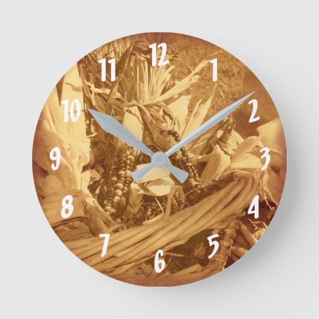 Reloj Redondo Mediano Maíz Indio En Cesta De Mimbre En Sepia (Anverso)