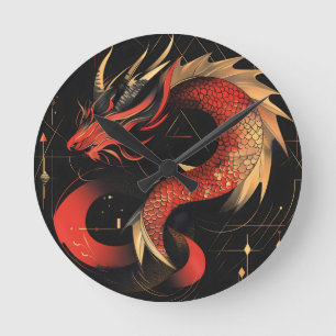 Reloj Redondo Mediano Majestuoso Arte Dragón Chino Rojo y Oro