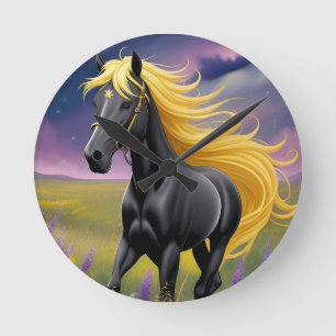 Reloj Redondo Mediano Majestuoso caballo negro con melena dorada fluida