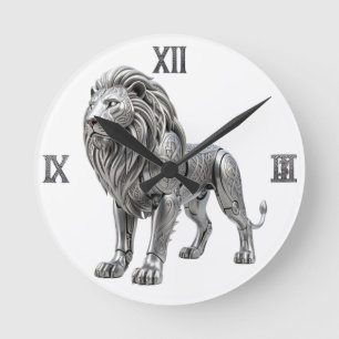 Reloj Redondo Mediano Majestuoso León de Plata Celta con Intrincado Nudo