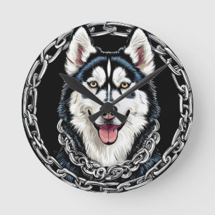 Reloj Redondo Mediano Majestuoso perro husky con colores atrevidos