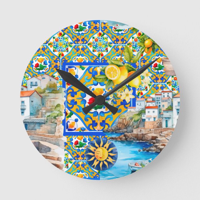 Reloj Redondo Mediano Majólica, limón, azulejos sicilianos, (Anverso)