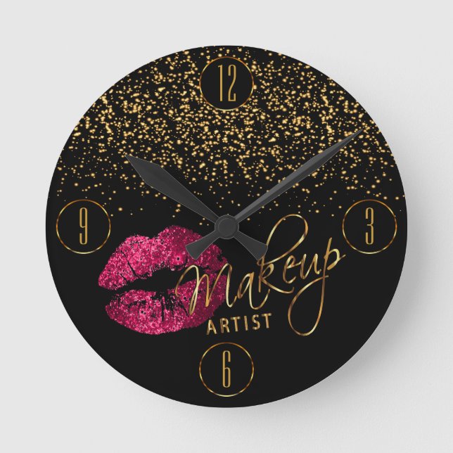 Reloj Redondo Mediano Makeup Artist Hot Pink Lips and Gold Confetti (Anverso)