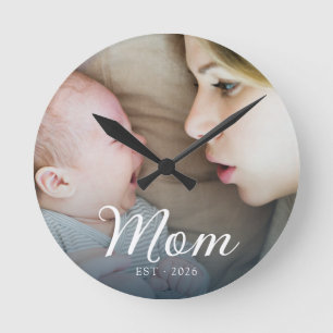 Reloj Redondo Mediano Mamá Estableció Foto con Letra Blanca