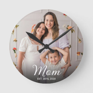Reloj Redondo Mediano Mamá Estableció Foto Moderna de Letra Blanca