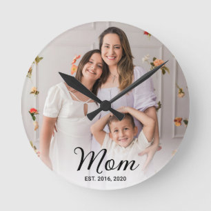 Reloj Redondo Mediano Mamá Estableció Foto Moderna de Letra Negra