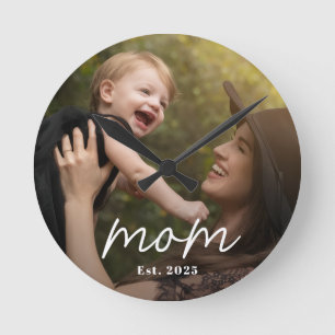 Reloj Redondo Mediano Mamá Estableció Foto Moderna en Blanco y Letra Bla