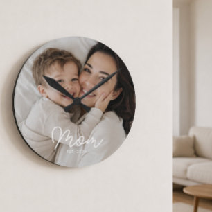Reloj Redondo Mediano Mamá Estableció Foto Moderna en Blanco y Letra Cur