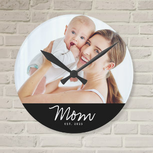 Reloj Redondo Mediano Mamá Estableció Foto Moderna en Blanco y Letra Cur
