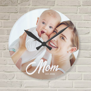 Reloj Redondo Mediano Mamá Estableció Foto Moderna en Letra Blanca