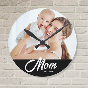 Reloj Redondo Mediano Mamá Estableció Moderno Script Blanco Foto