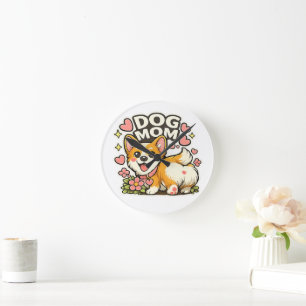 Reloj Redondo Mediano Mamá Perro Lindo Pegatina Corgi Kawaii Flor, Arte 