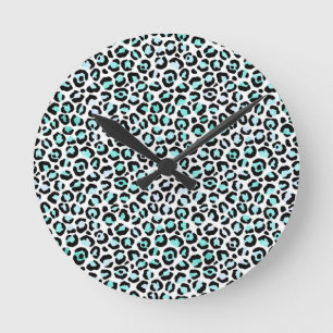 Reloj Redondo Mediano Manchas Azules Turquesa Rosa Piel de Leopardo Fals