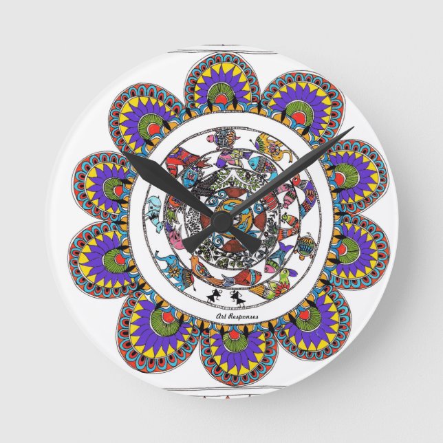 Reloj Redondo Mediano Mandal floral al estilo de Madhubani (Anverso)