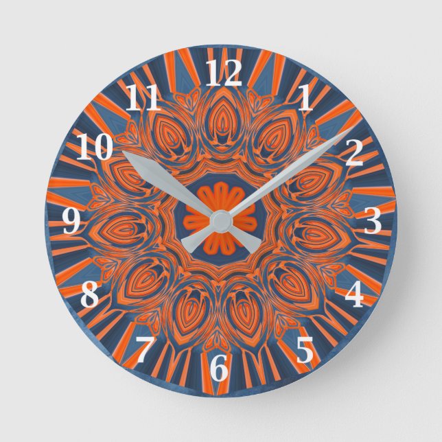 Reloj Redondo Mediano Mandala azul de la Marina naranja (Anverso)