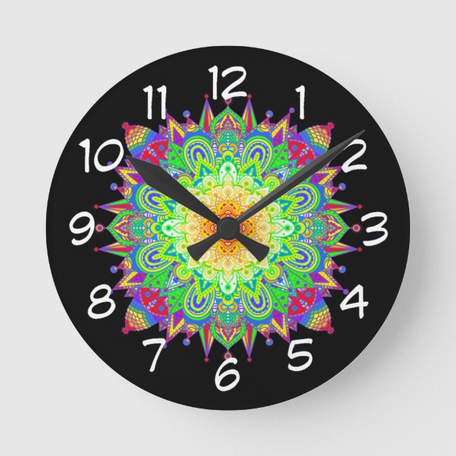 Reloj Redondo Mediano Mandala color arcoiris bonito Resumen arte (Anverso)