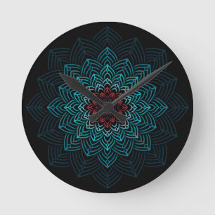 Reloj Redondo Mediano Mandalá de Flor de Aqua y Rojo