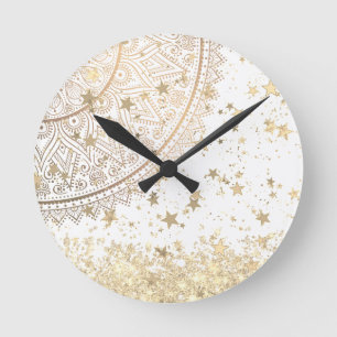Reloj Redondo Mediano Mandala encantadora con estrellas de oro en blanco