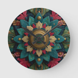 Reloj Redondo Mediano Mandalá floral texturizado intrincado en azul turq