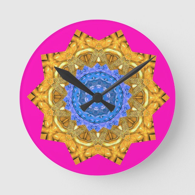 Reloj Redondo Mediano Mandala Magic Blue & Gold sobre Fuchsia (Anverso)