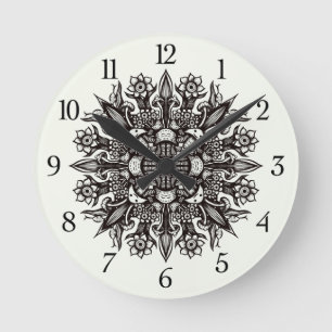 Reloj Redondo Mediano Mandala psicodélica atractiva en blanco y negro