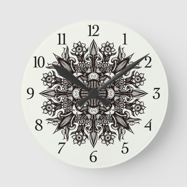 Reloj Redondo Mediano Mandala psicodélica atractiva en blanco y negro (Anverso)