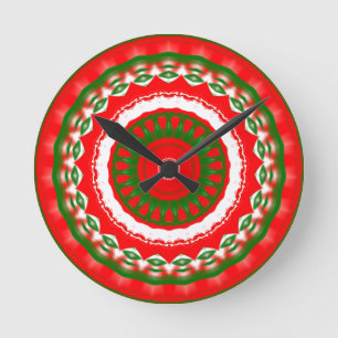 Reloj Redondo Mediano Mandala roja, blanca y verde