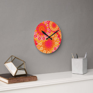 Reloj Redondo Mediano Mandalá superpuesto naranja rosa amarillo