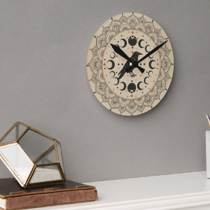 Reloj Redondo Mediano Mandalala de Fase Lunar de Cuervo Místico Arte Cel
