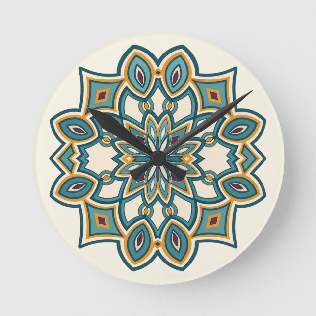 Reloj Redondo Mediano Mandalas de Flor Teal  (Anverso)