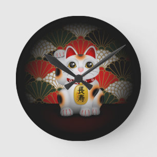 Reloj Redondo Mediano Maneki de cerámica blanco Neko