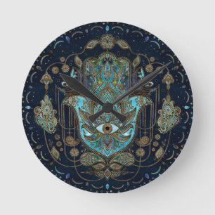 Reloj Redondo Mediano Mano de Hamsa - Mano de guijarros azules de Fátima